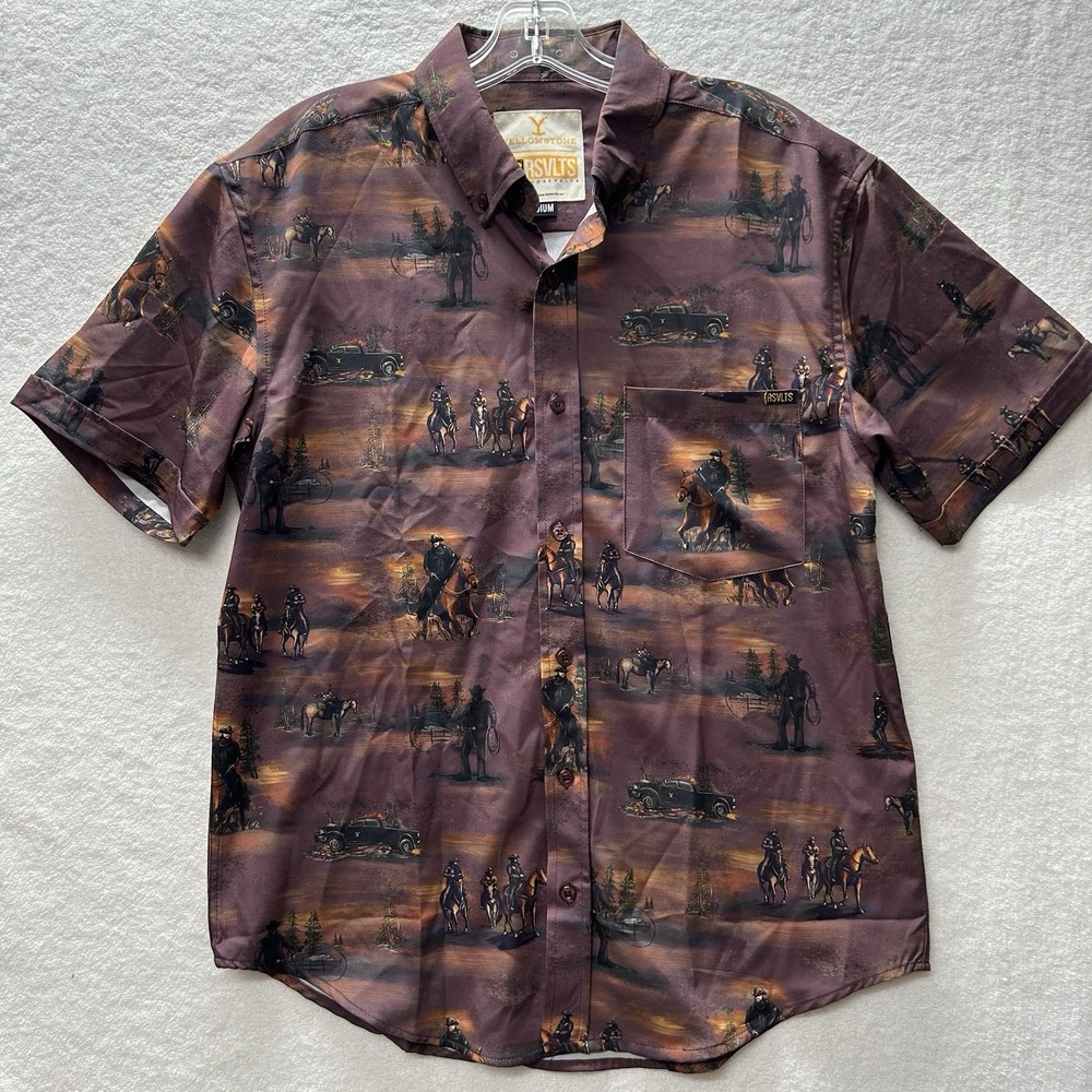 RSVLTS Mens Size M Brown Yellowstone Button Up Short Sleeve Shirt (J9)